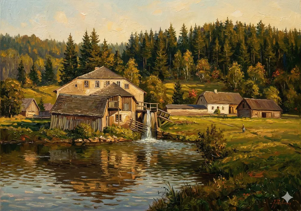 Malovaná ilustrace historické sklárny Frauenthal